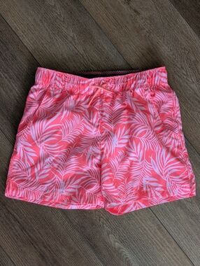 Boy's Neon Orange Tropical Print Swim Trunks